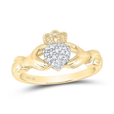 Gold Claddagh ring featuring a heart-shaped diamond cluster held by two hands with a crown on top.