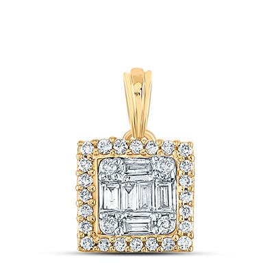 Gold pendant showcasing a square frame of round brilliant diamonds encasing a cluster of baguette and round diamonds.