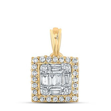 Gold pendant showcasing a square frame of round brilliant diamonds encasing a cluster of baguette and round diamonds.