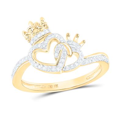 Gold ring with diamond-studded double heart and crown design.