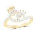 Gold ring with diamond-studded double heart and crown design.