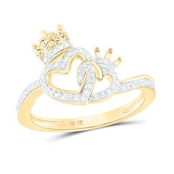 Gold ring with diamond-studded double heart and crown design.