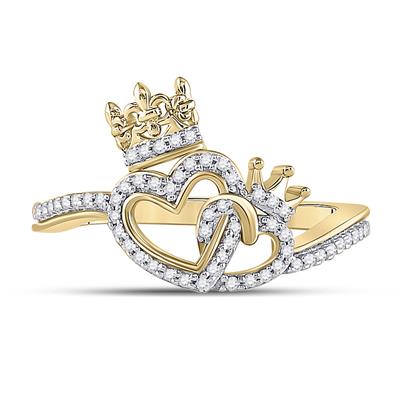 Gold ring featuring two intertwined hearts adorned with sparkling diamonds and topped with a diamond-studded crown.