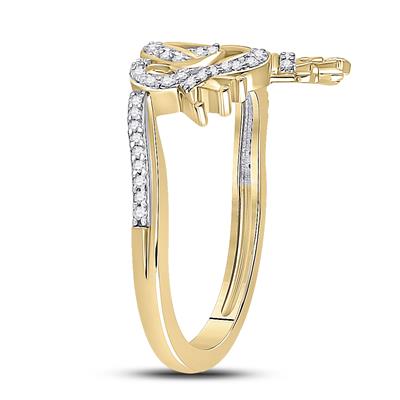 Gold ring with diamond-studded double heart and crown design.