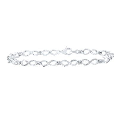 Sterling silver bracelet features a delicate chain of interlocking infinity symbols accented with sparkling diamonds.