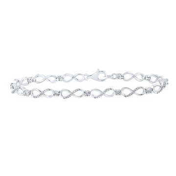 Sterling silver bracelet features a delicate chain of interlocking infinity symbols accented with sparkling diamonds.