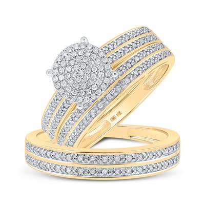Sparkling round-cut diamond engagement ring with pave diamond band and matching wedding band in 10k yellow gold.