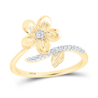 Gold ring with a diamond-accented flower and leaf design.