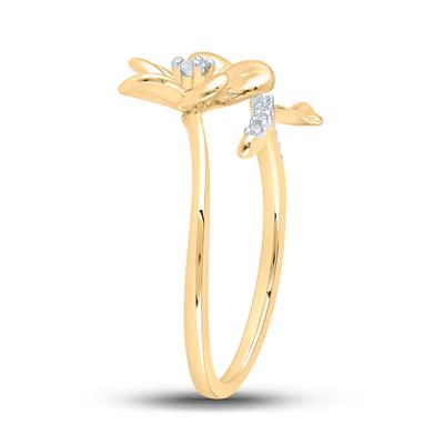 Gold ring with a diamond-accented flower and leaf design.