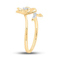 A gold bypass ring featuring a delicate flower design. The flower blossom and winding stem are adorned with sparkling round-cut diamonds.