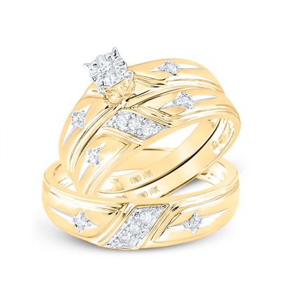 Matching gold his-and-hers wedding ring set featuring a sparkling diamond pattern and a larger center diamond on the women's band.