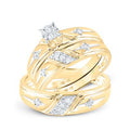 Matching gold his-and-hers wedding ring set featuring a sparkling diamond pattern and a larger center diamond on the women's band.