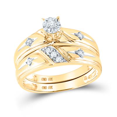 Gold wedding ring set with a central diamond solitaire and diamond accents in a pave band setting.