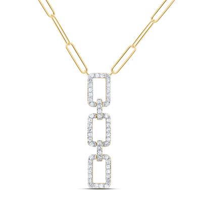 Gold chain necklace with three pave-set diamond square pendants.