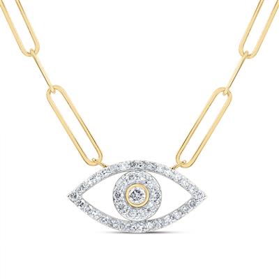 Gold chain necklace features a diamond-encrusted evil eye pendant.