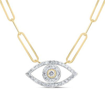 Gold chain necklace features a diamond-encrusted evil eye pendant.