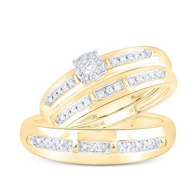 Three gold rings sparkle with rows of tiny diamonds. The engagement ring showcases a larger center diamond in a pave setting.