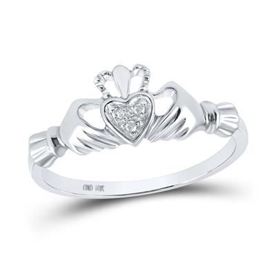 10K WHITE GOLD CLADDAGH HANDS HEART DESIGN DIAMOND RING .02CTW