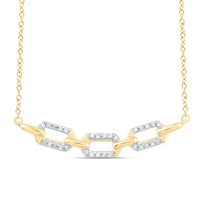 A gold chain necklace displays three interlocking square links adorned with sparkling diamonds on a white background.