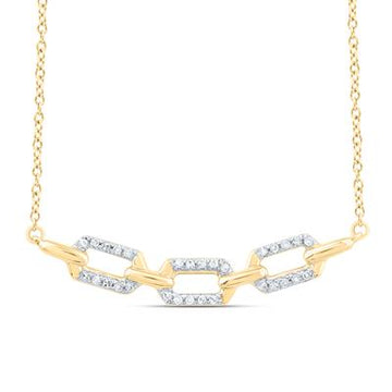 A gold chain necklace displays three interlocking square links adorned with sparkling diamonds on a white background.