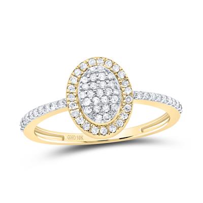 Oval halo diamond ring with pave band in 10k yellow gold.