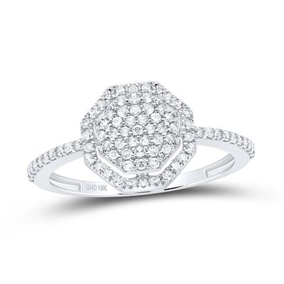 A white gold ring features a hexagonal cluster of sparkling diamonds set in a pave style.