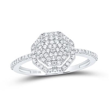 A white gold ring features a hexagonal cluster of sparkling diamonds set in a pave style.