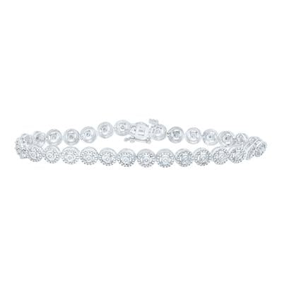 Sterling silver tennis bracelet featuring a symmetrical pattern of round, sparkling diamond clusters.