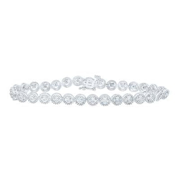 Sterling silver tennis bracelet featuring a symmetrical pattern of round, sparkling diamond clusters.