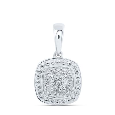 Sterling silver pendant features a square frame with beaded edges encasing a sparkling cluster of round-cut diamonds.