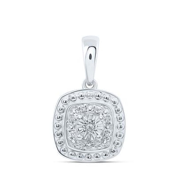 Sterling silver pendant features a square frame with beaded edges encasing a sparkling cluster of round-cut diamonds.