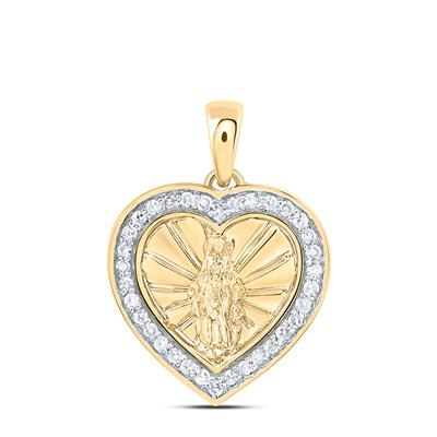Gold pendant showcasing Virgin Mary within a diamond-studded heart.