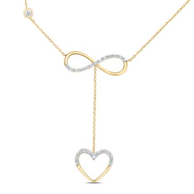 Gold chain suspends diamond-studded infinity symbol connected to dangling open heart pendant.