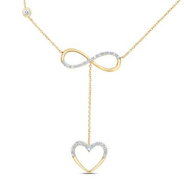 Gold chain suspends diamond-studded infinity symbol connected to dangling open heart pendant.