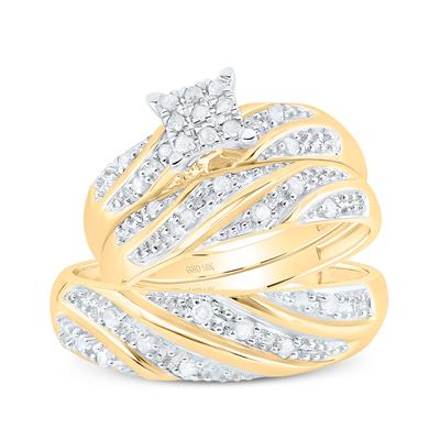 Gold diamond wedding ring set with swirling rows of pave-set diamonds and a center princess cut diamond.