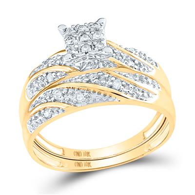 Gold diamond wedding ring set with swirling rows of pave-set diamonds and a center princess cut diamond.