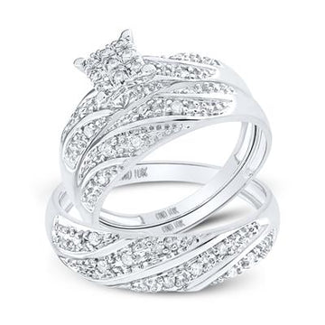 10K WHITE GOLD ROUND DIAMOND CROSS MATCHING WEDDING RING SET 1/5 CTW