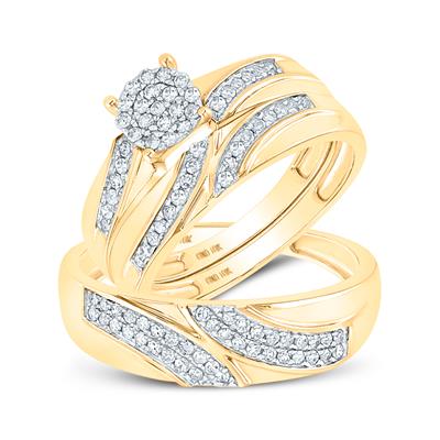 Sparkling diamond engagement ring with matching wedding band set in 10K yellow gold.