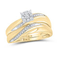 Gold wedding ring set with a square diamond cluster surrounded by swirling rows of smaller diamonds.