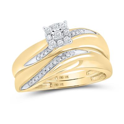 Gold wedding ring set with a square diamond cluster surrounded by swirling rows of smaller diamonds.