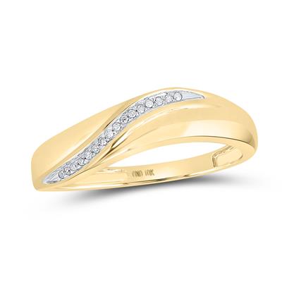 Gold wedding ring set with swirling diamond accents, featuring a larger center cluster diamond on the engagement ring.