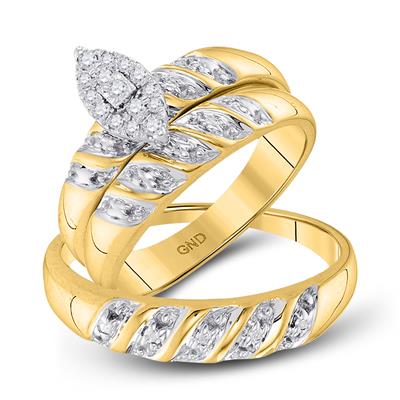 Matching 10K gold his-and-hers wedding ring set featuring a marquise-cut diamond centerpiece and round-cut diamond accents in a swirling leaf pattern.