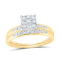 Sparkling diamond bridal ring set in 14k yellow gold. The engagement ring features a square halo setting showcasing a cluster of round brilliant diamonds. The matching wedding band features a row of round brilliant diamonds.