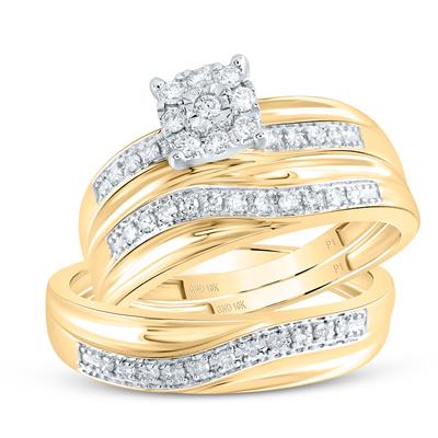Sparkling diamond bridal ring set in 10K yellow gold featuring a cluster-set center stone and pave-set diamond bands.