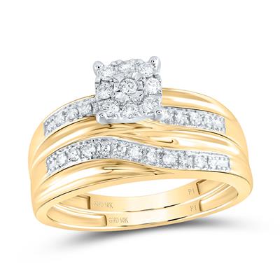 Sparkling diamond bridal ring set in 10K yellow gold featuring a cluster-set center stone and pave-set diamond bands.