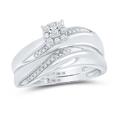 Sparkling diamond bridal set showcases a square halo setting atop two interlocked diamond bands in 10K white gold.