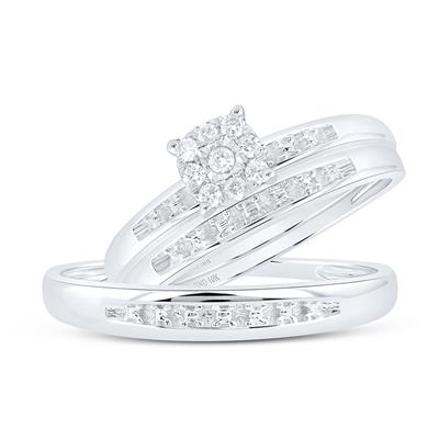 Sparkling diamond bridal ring set with a cluster center stone and channel set accents on white gold bands.
