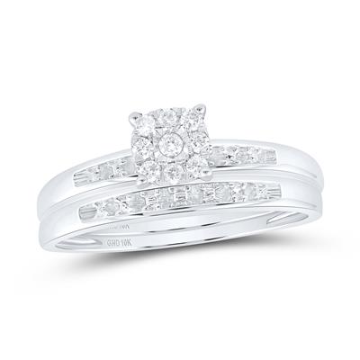 Sparkling diamond bridal ring set with a cluster center stone and channel set accents on white gold bands.