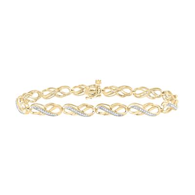 Gold bracelet features interlocking infinity symbols accented with sparkling diamonds.