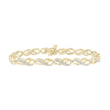 Gold bracelet features interlocking infinity symbols accented with sparkling diamonds.